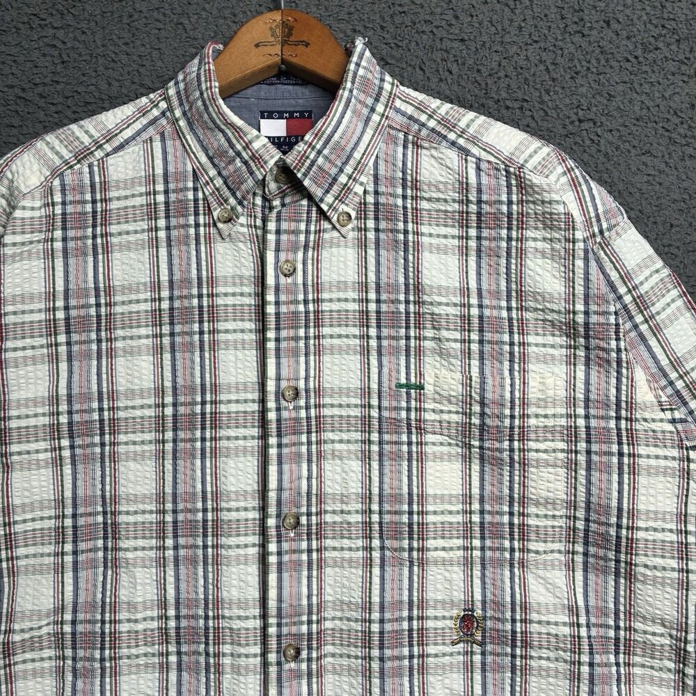 Vintage 90s Tommy Hilfiger Mens Medium Seersucker Button Down Shirt Check Plaid